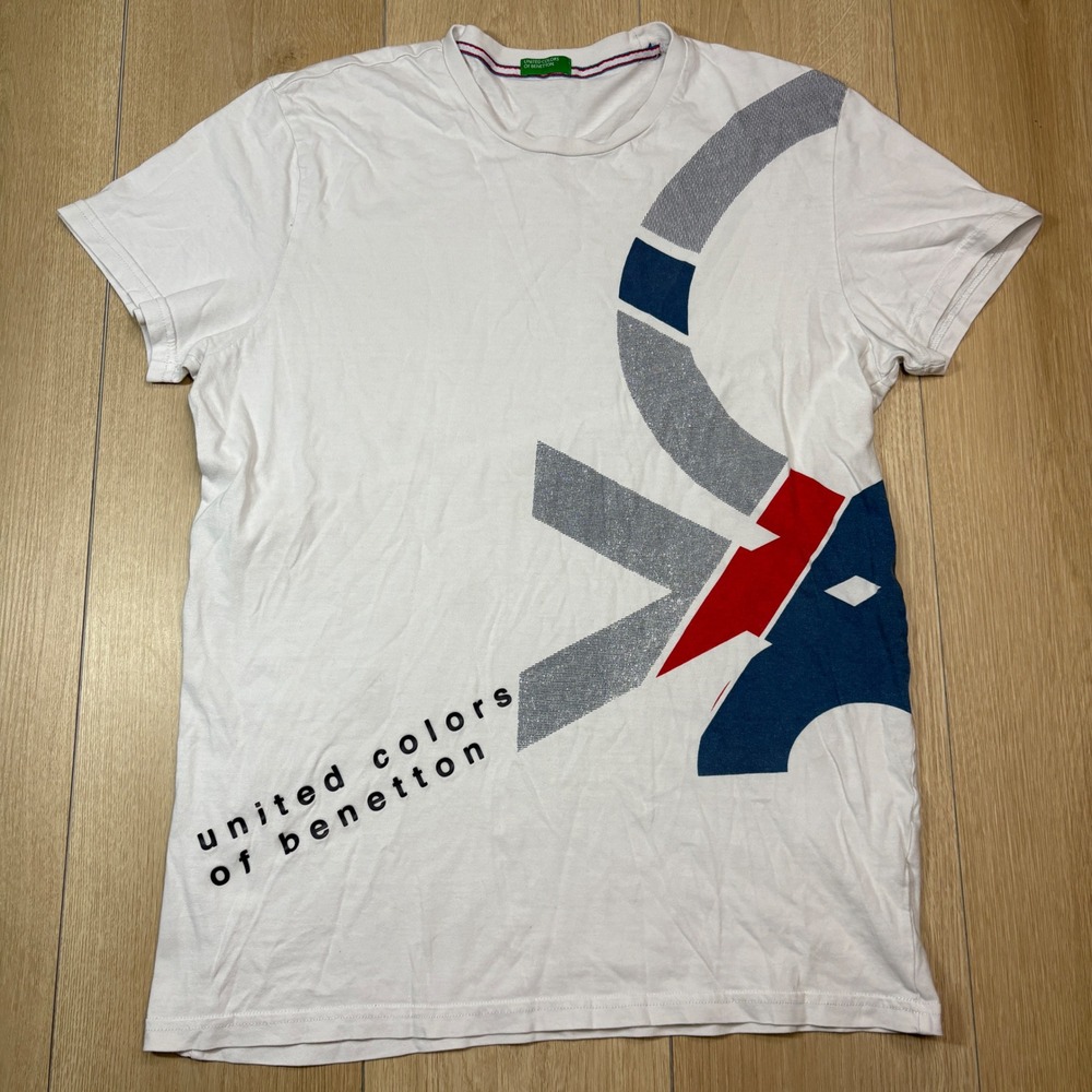 United Colors of Benetton Mens White Graphic Logo T-Shirt Size M Cotton Tee